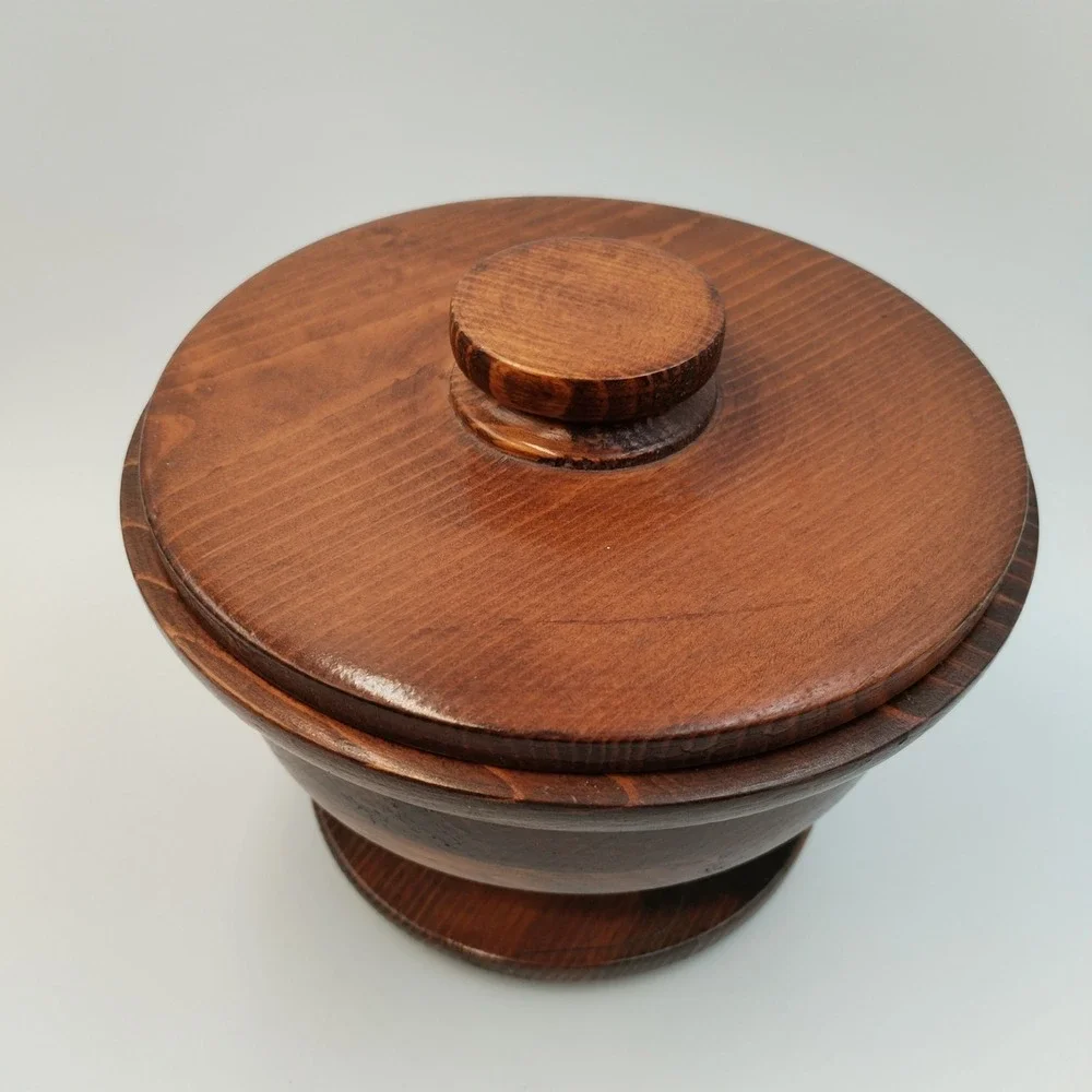 Vintage Hand Turned Wood Lidded Pedestal Bowl Artisan Signed 